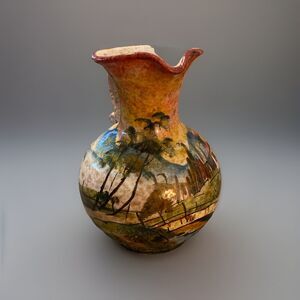 Italian Pottery Hand Painted Pitcher Vintage 8.5” Trees Villa